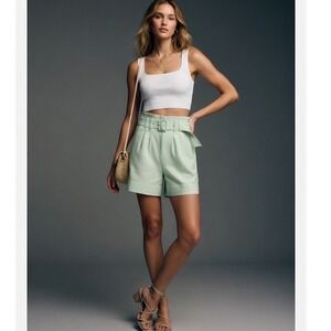 Abercrombie & Fitch Belted Shorts High Waist Pleated Green Linen Blend Size S
